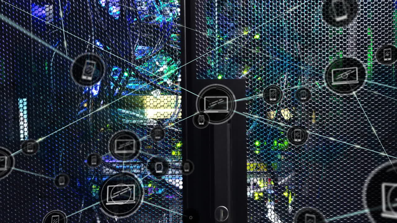 animación de la red de conexiones con iconos de correo y procesamiento de datos a través de servidores