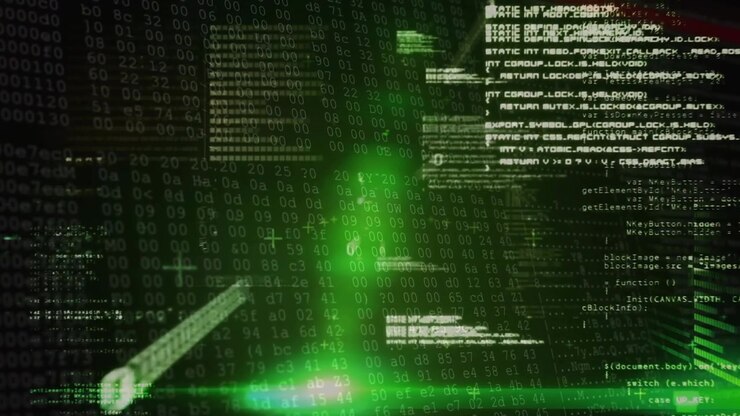 Faint green glow spawning rotating code panels and rising scan beam illuminating binary digit grid