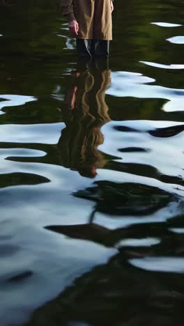 person standing in water with reflection