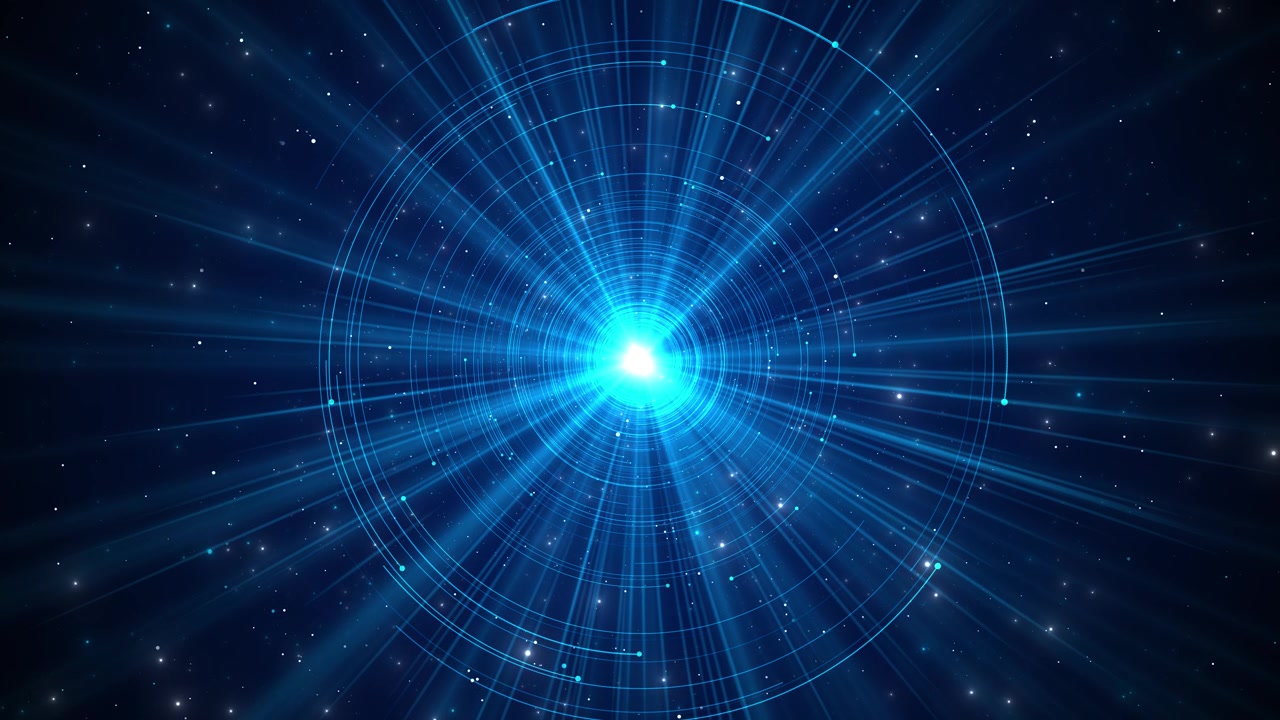 Blåt cirkulært lysudbrud, strålende midterglimt, HUD-ringe, stjernepartikler og dybt kosmisk rum.