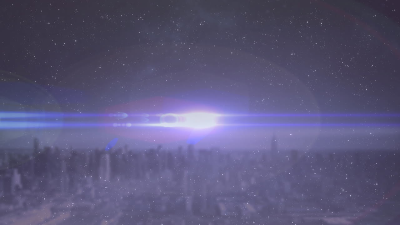 Animation of glowing spot disappearing over city horizon line with night sky with stars