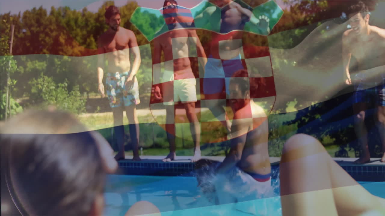Poolside animation with Croatian flag overlay, people swimming and relaxing