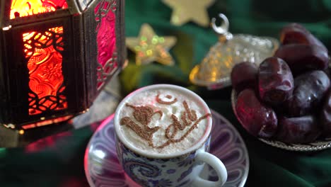 eid - islamic holiday. coffee stencil. the food of ramadan. cup of coffee, dates, dried fruits, sweets