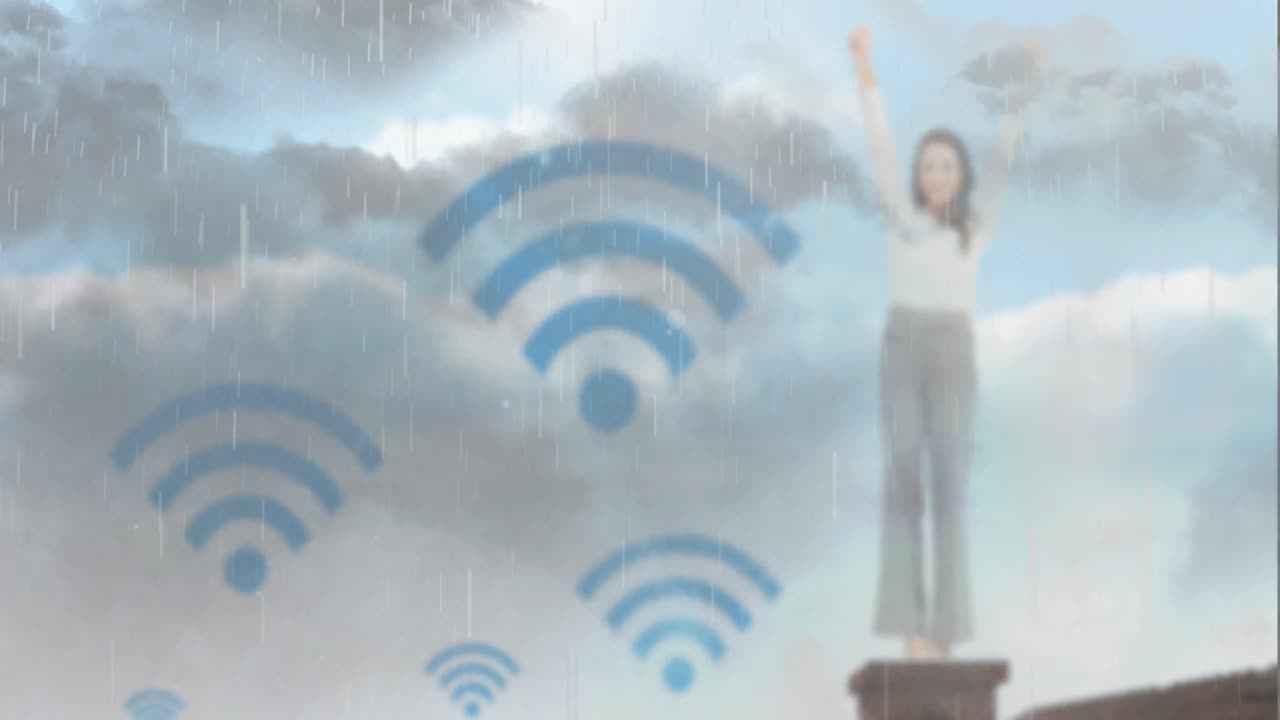 animación de iconos de wi fi sobre mujer biracial y cielo lluvioso