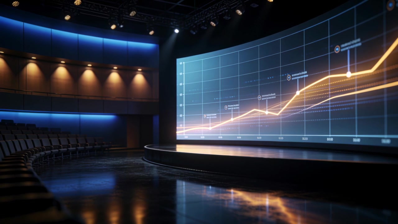 Animazione in avvio, schermo LED curvo che mostra una linea ambra in ascesa in un auditorium per una conferenza, con spazio per il testo.