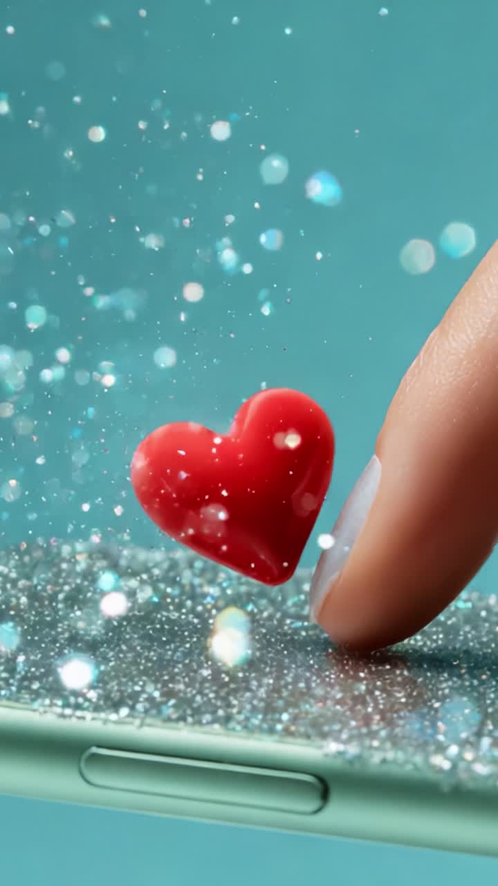 A finger touches a sparkling phone screen where a vibrant red heart hovers, surrounded by shimmering particles and a dreamy turquoise background, capturing the essence of love and connection