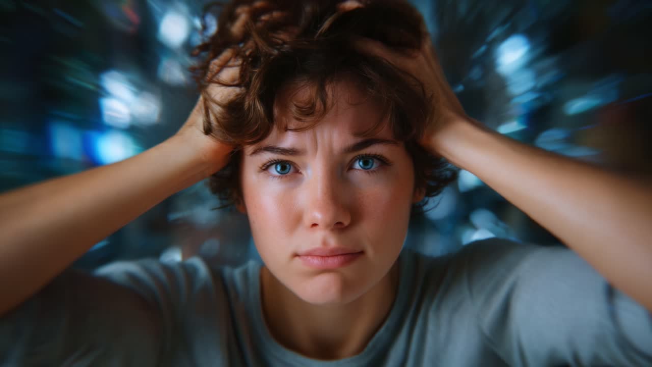 Ansia svelata: una giovane donna mostra emozioni intense e angoscia sullo sfondo del caos, catturando l'essenza dello scompiglio interiore e della lotta mentale