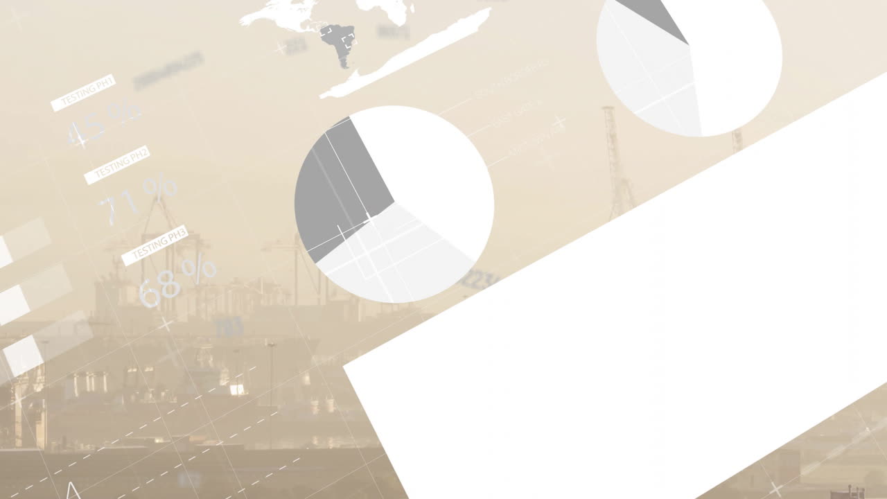 Animation of financial data processing over cityscape