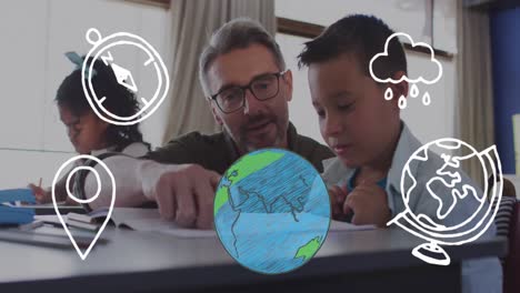 animación del globo, la brújula, el alfiler del mapa y la nube sobre un maestro caucásico y un escolar en clase