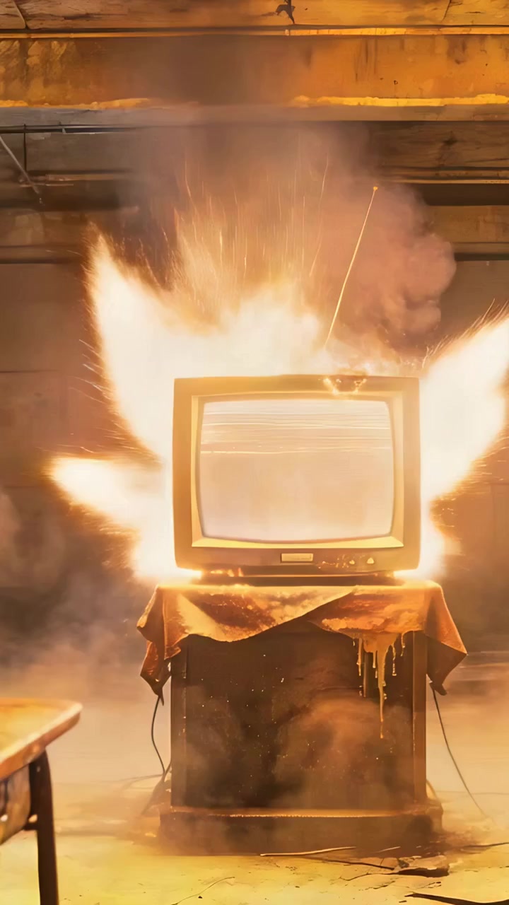 Vertikal video: Brændende CRT-fjernsyn i butik med flammer ved kabinettet, smeltende stof, gnistrende antenne, kabler