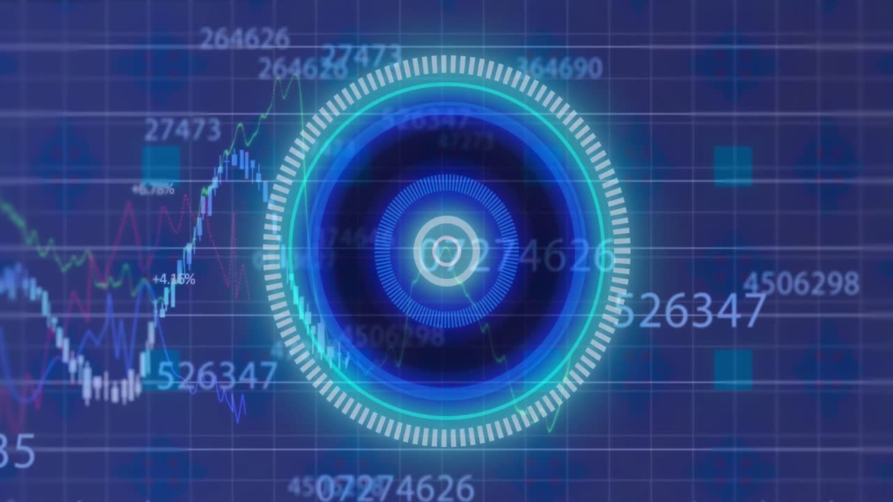 Animation of changing numbers floating over round scanner and stock market data processing