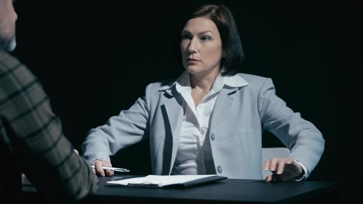 Aggressive female detective starting interrogation of male suspect on crime