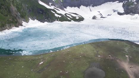 icy alpine lake bordered by green terrain and snow-capped cliffs in a remote mountainous region