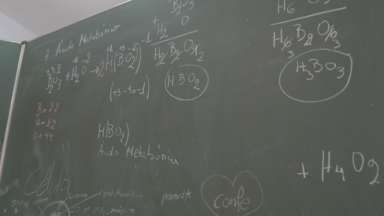 Close-up of a chalkboard filled with handwritten chemistry formulas. White chalk marks show chemical equations and molecular structures. Background suggests classroom or lab setting