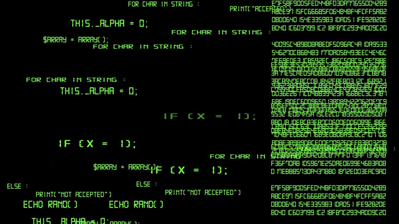 animación de código de computadora verde y hexadecimal moviéndose a través de la pantalla negra