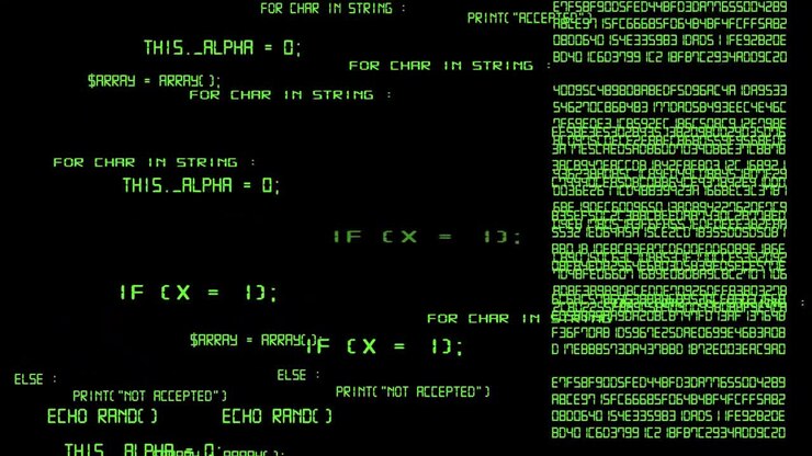 Animazione di codice informatico verde ed esadecimale che scorre su uno schermo nero