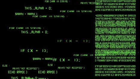 animación de código de computadora verde y hexadecimal moviéndose a través de la pantalla negra