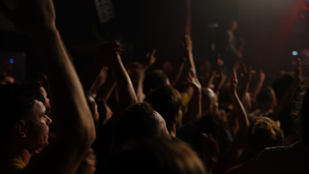 Folla entusiasta a un concerto dal vivo con le mani alzate che celebra l'esperienza musicale