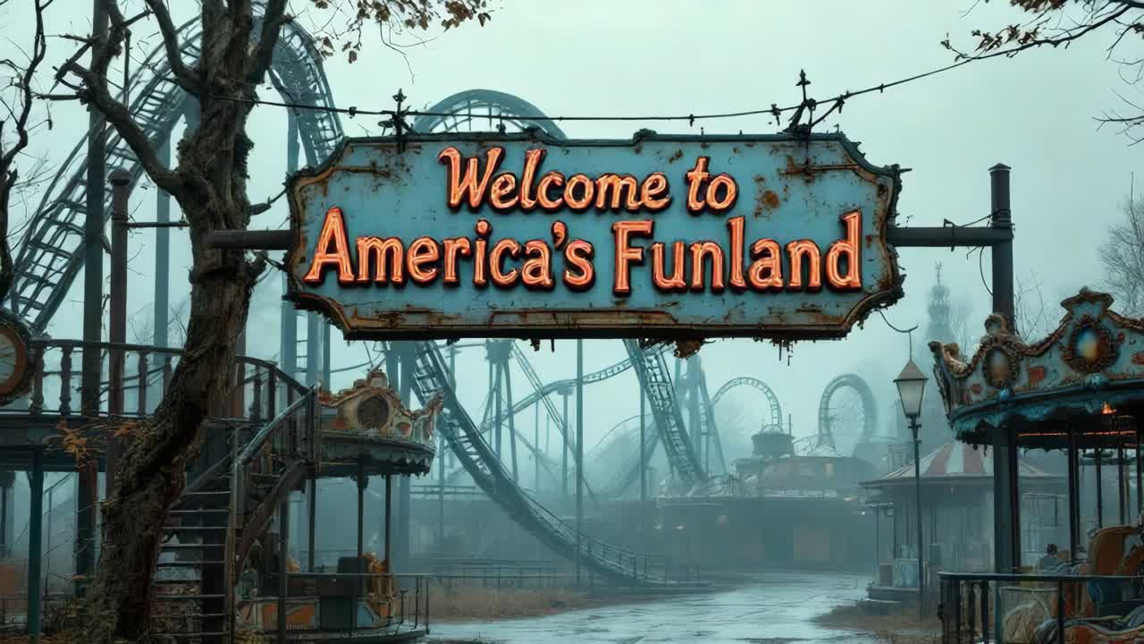 Abandoned amusement park entrance sign with vintage design and eerie atmosphere in fog