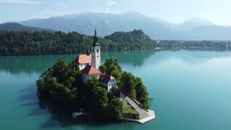 romantic bled glacier lake and island from above. footage with 4k high quality drone stock video