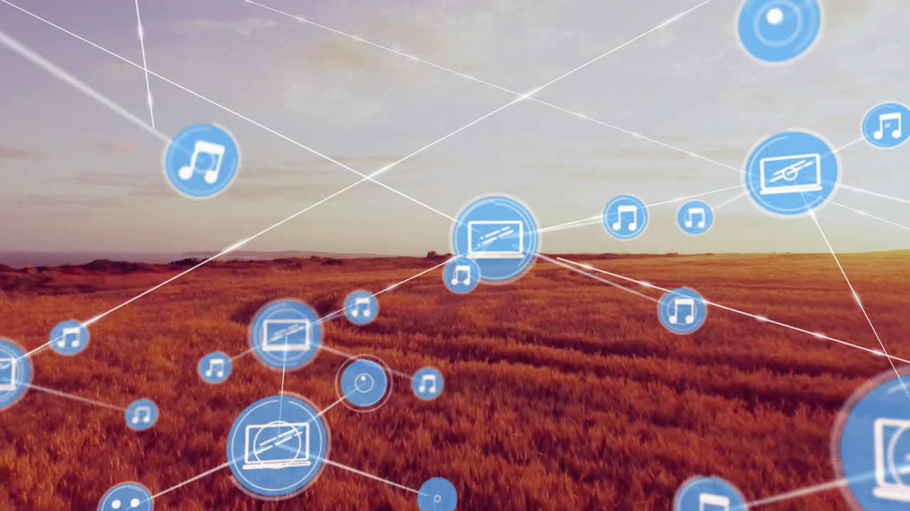red de iconos multimedia y conexiones animación sobre el campo al atardecer