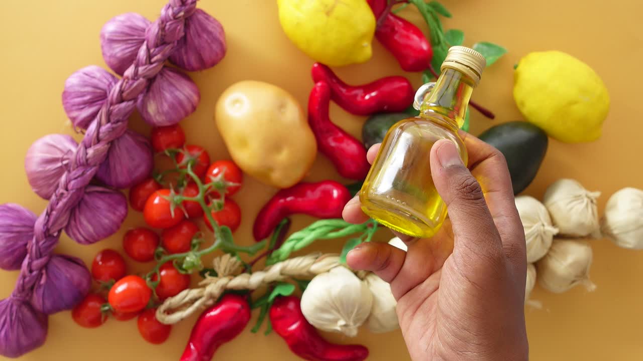 mano sosteniendo una pequeña botella de aceite de oliva rodeada de varias verduras y frutas