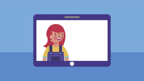 niña estudiante con animación de aprendizaje electrónico en tableta