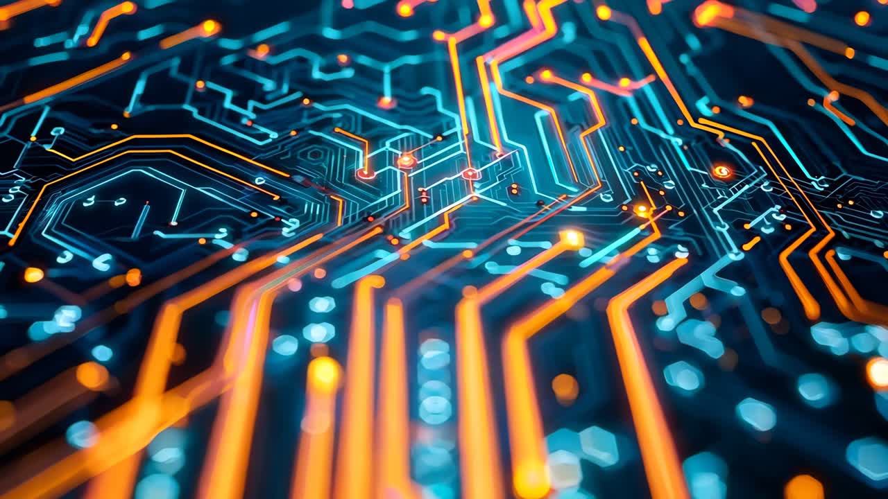 un primer plano de una placa de circuitos con luces naranjas y azules