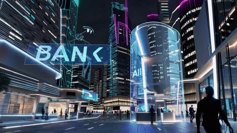 businessmen confidently walking past cutting edge financial institution featuring holographic projections, illuminating futuristic urban landscape during nighttime technological showcase