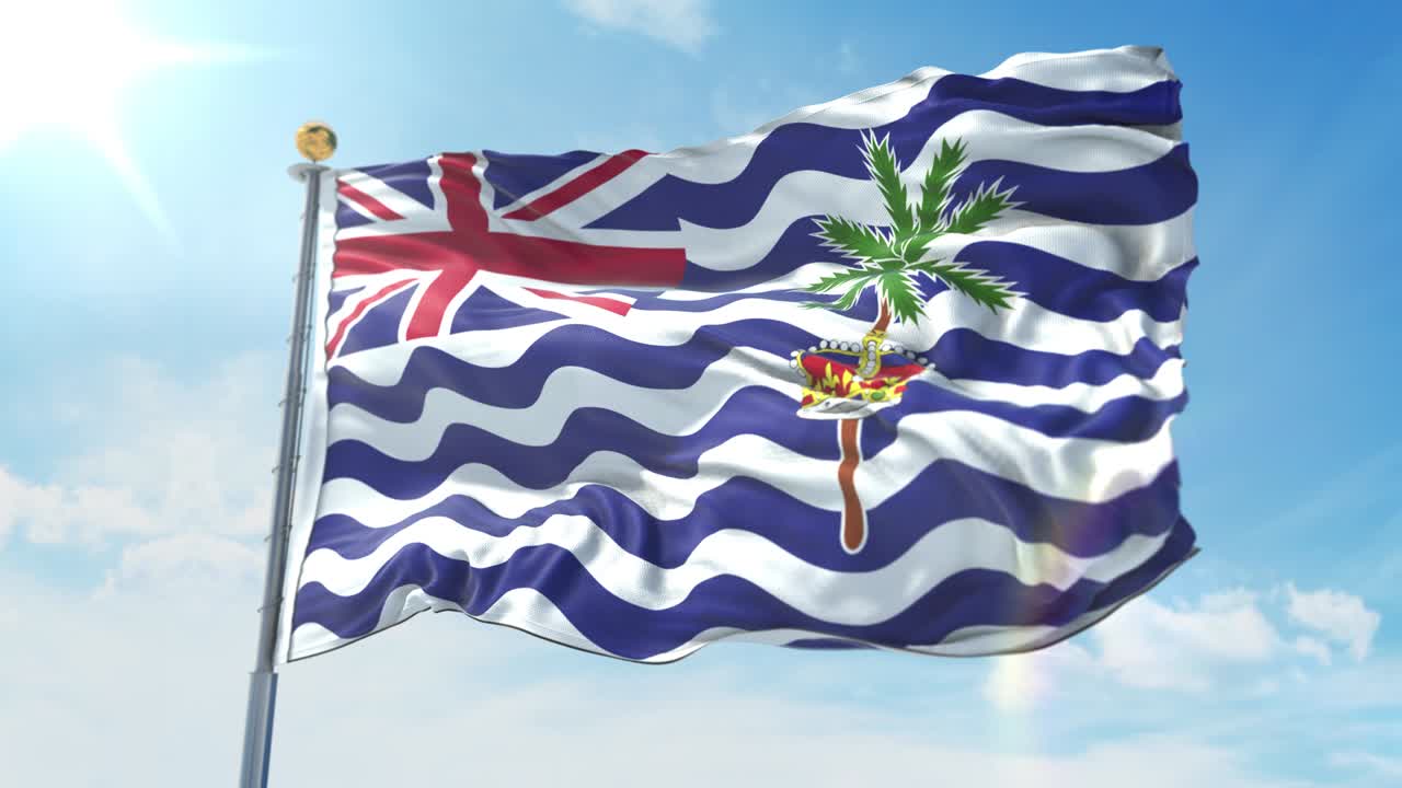 영국 인도양 영토의 발이 깊은 파란 하늘을 배경으로 바람에 흔들리고 있습니다.국가 테마, 국제 개념. 3d 렌더링 시엄리스 루프 4k