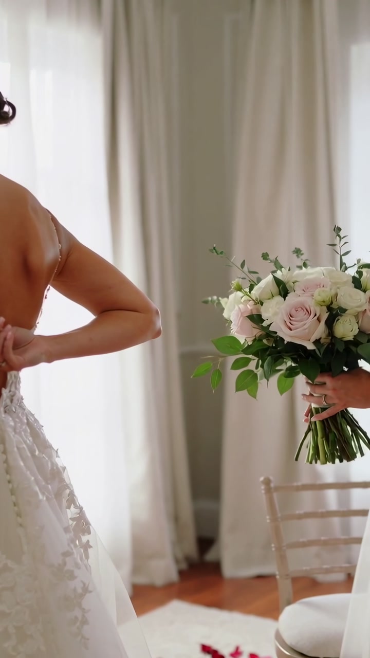 Vertical video: Preparing bride fastening gown back buttons in suite, attendant holding bouquet