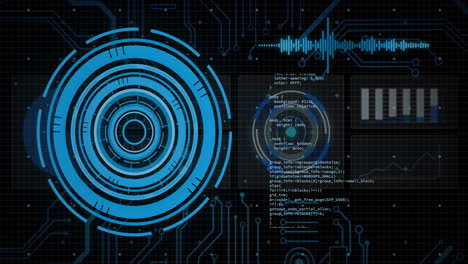 Coding and data processing animation on futuristic digital interface over circuit background
