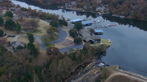 Early-evening-aerial-view-of-lake-marina-in-the-Ozark-mountains