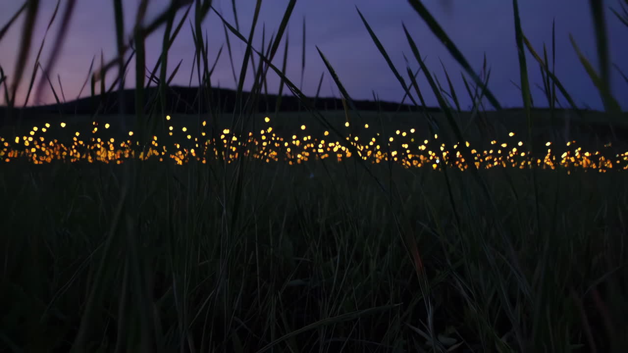 Glowing lights in a field at night