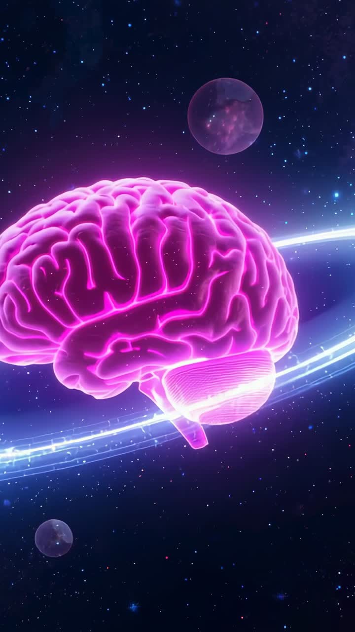 Vertical video: Zooming camera to neon pink holo brain amid stars showing ring, folds and spheres