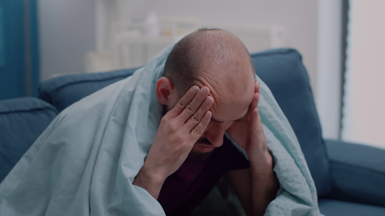 Close up of sick person rubbing temples against headache