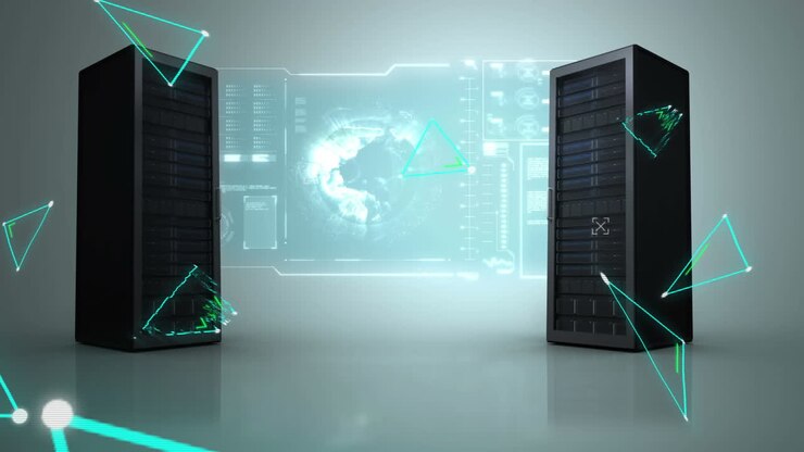 Animation of statistics processing and data over screen with computer servers