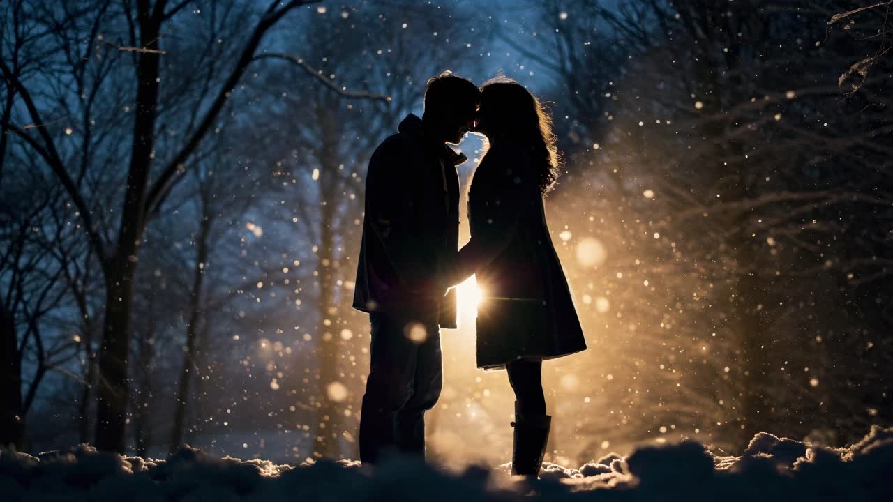 Silhouetted couple kissing in snow, backlit by warm light