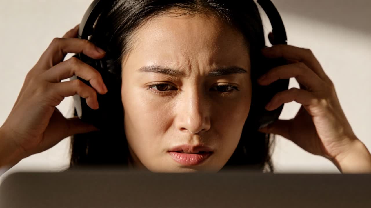 Hearing laptop audio, woman adjusting black over-ear headphones at home office, wearing dark top