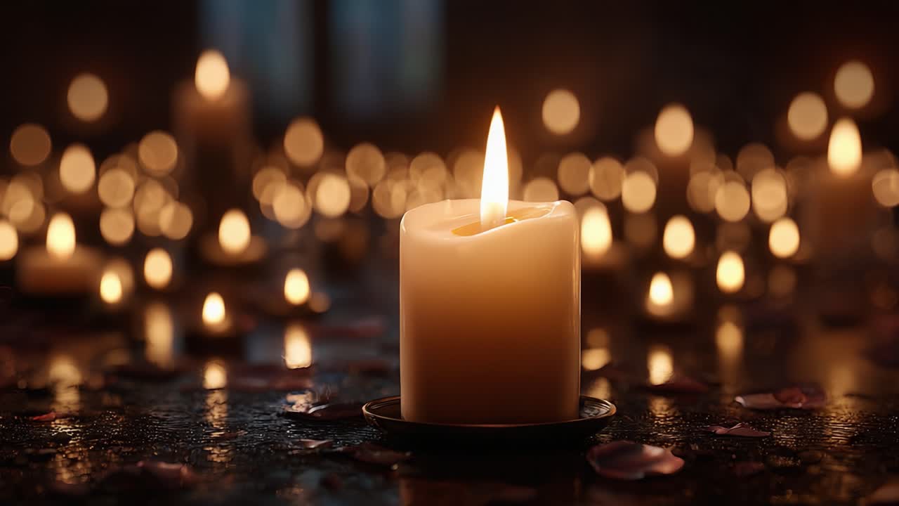 A Serene Candle Amidst Soft Glows: Capturing the Tranquil Beauty of Flickering Flames in a Dark, Romantic Setting with Delicate Reflections and Petals