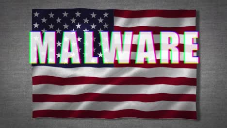 digital animation of malware text over waving us flag against grey background