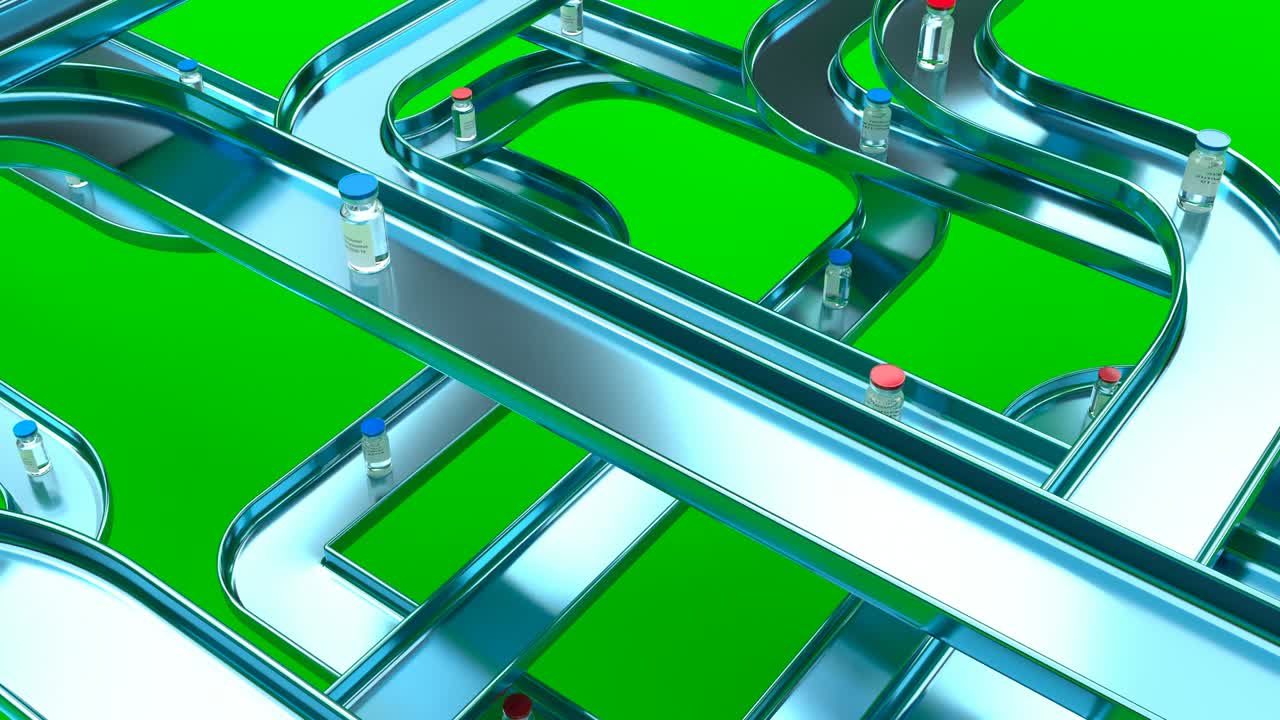 primer plano en 3d de un transportador con ampollas de vacuna línea de fabricación farmacéutica protección contra infecciones fábrica farmacéutica. capaz de hacer un bucle sin costuras 4k
