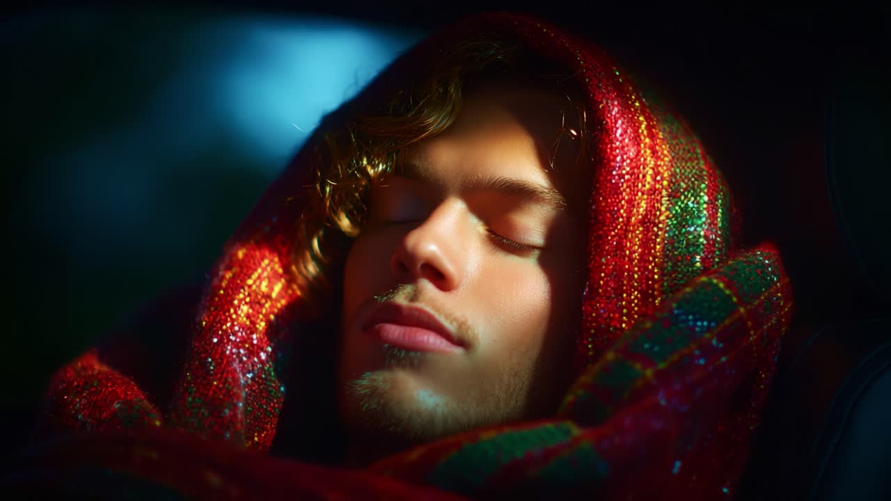 A Serene Moment of Peace: A Young Man Resting Wrapped in a Colorful Blanket, Radiating Calmness and Tranquility with Soft Light Enhancing His Features