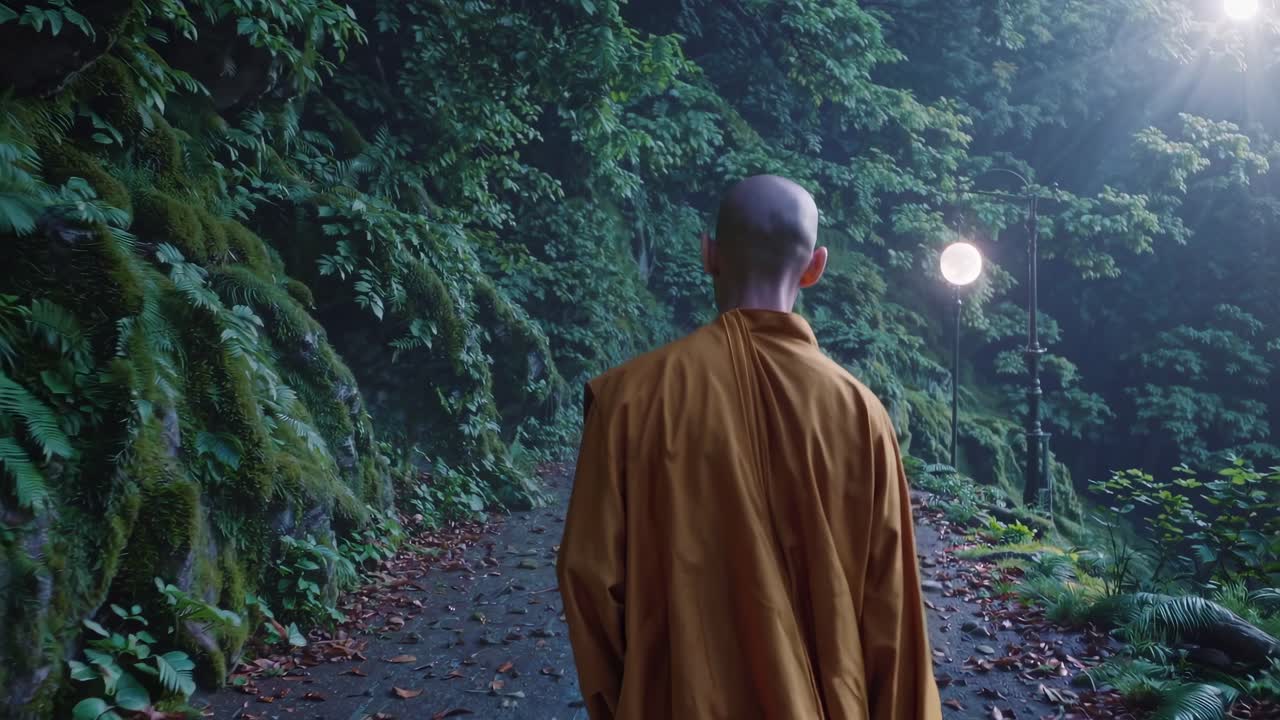 En rolig videoscene fra bakfra viser en munk som går langs en frodig skogssti