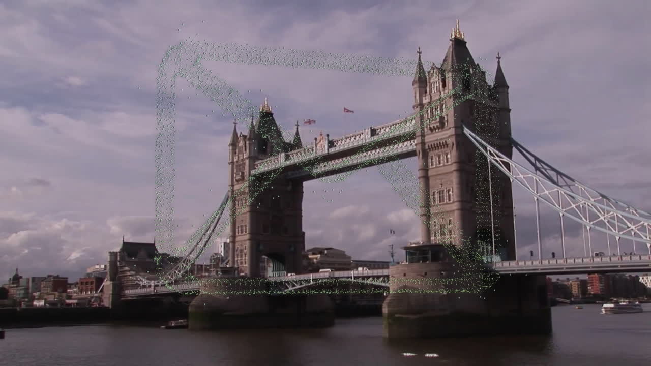 Tower Bridge with geometric animation overlaying its structure against cloudy sky