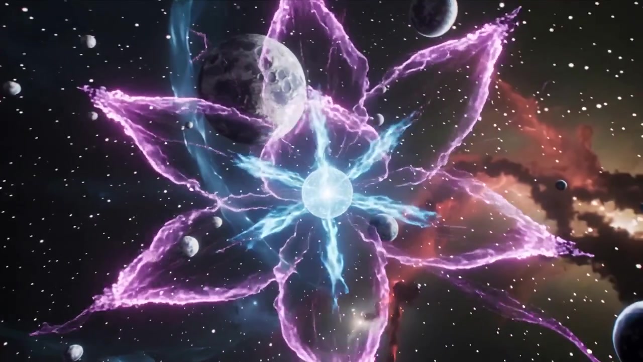 Nucleo pulsante che alimenta l'energia del fiore, espandendo i petali, collassando in una sfera vicino a una luna craterizzata e una nebulosa.
