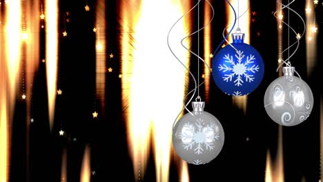 Animation-of-christmas-bubbles-over-glowing-lights-on-black-background