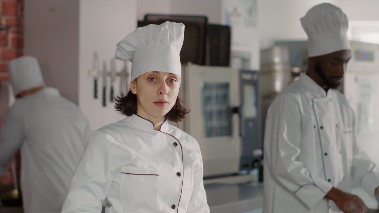Portrait of female cook in uniform looking at camera