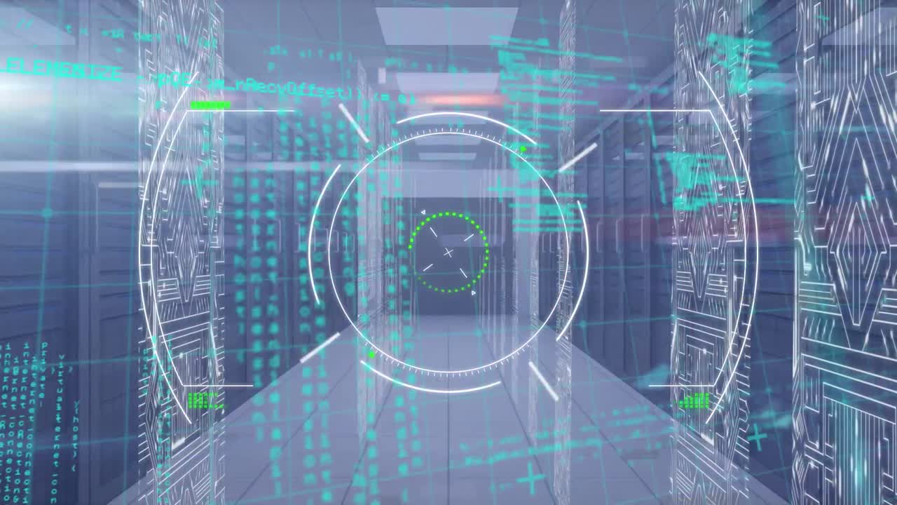 Animation of data processing and scope scanning over server room