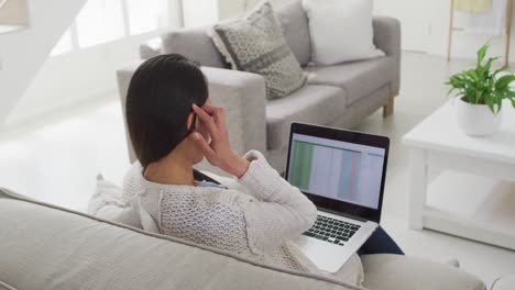 vista posterior de una mujer asiática sentada en el sofá y trabajando remotamente desde casa con una computadora portátil